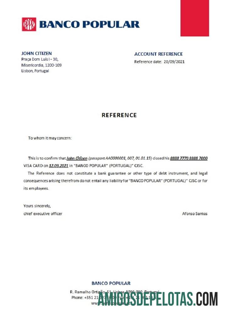 Referência de encerramento do Portugal Banco Popular exemplo